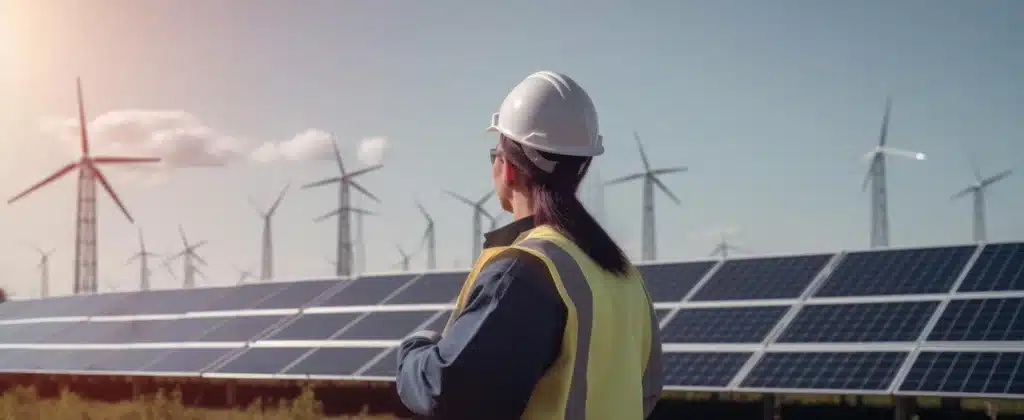 Visão de engenheira trabalhando na fazenda solar usando capacete e fazendo a gestão de energia