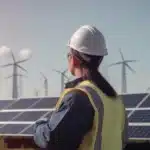 Visão de engenheira trabalhando na fazenda solar usando capacete e fazendo a gestão de energia