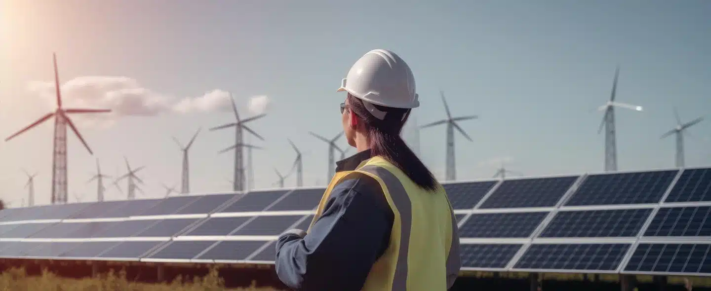 Visão de engenheira trabalhando na fazenda solar usando capacete e fazendo a gestão de energia