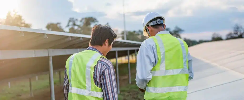 Engenheiro com pessoal trabalhando para monitoramento de usinas fotovoltaicas