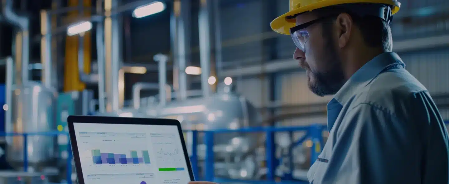 Trabalhador usando capacete de segurança e usando laptop para fazer a gestão de usina