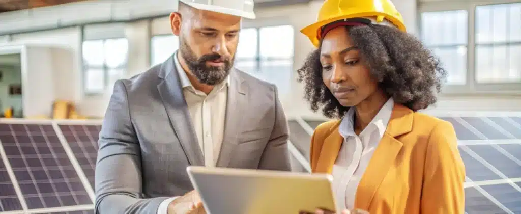 Engenheiro com painel solar explicando ao colega sobre software para gestão de usinas solares