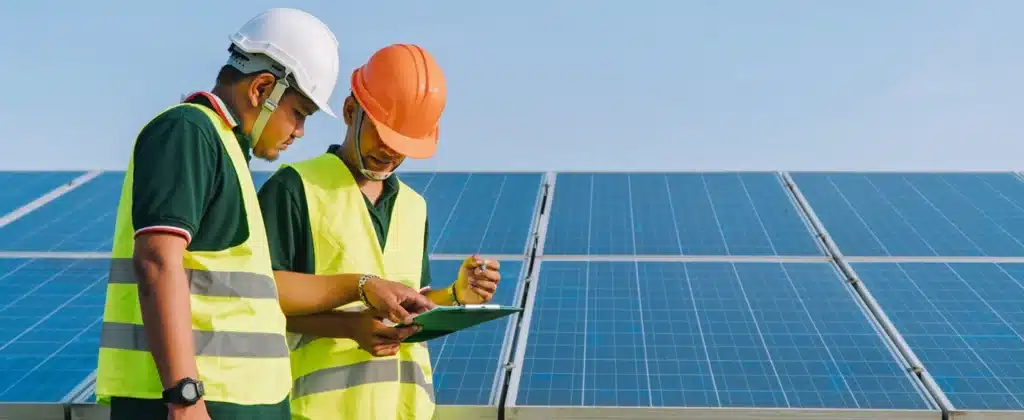 Engenheiro ambiental inspeciona painel solar e fazendo o gerenciamento de usinas fotovoltaicas